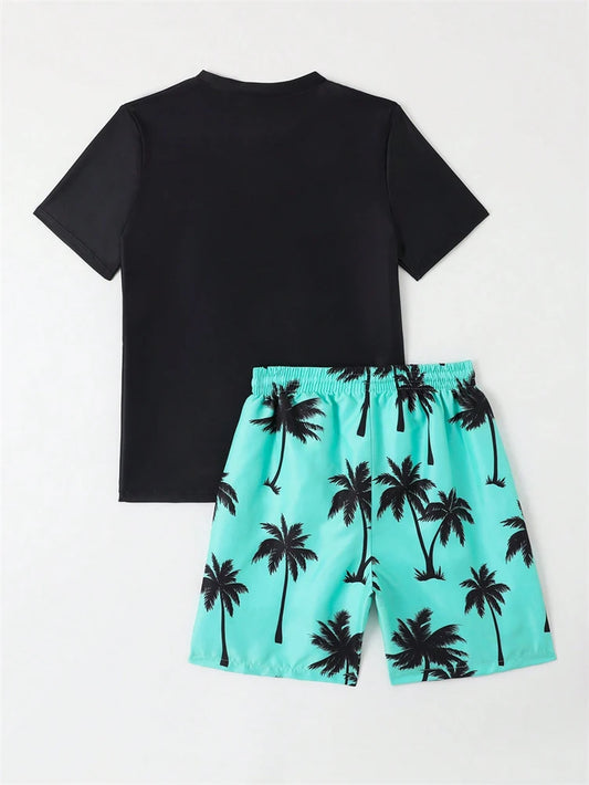 Boy Kids Swimsuit 2026 New Solid Coconut Tree Print Children Swimwear Summer Two Piece Beach Shorts Beach Bathing Suit Swimming