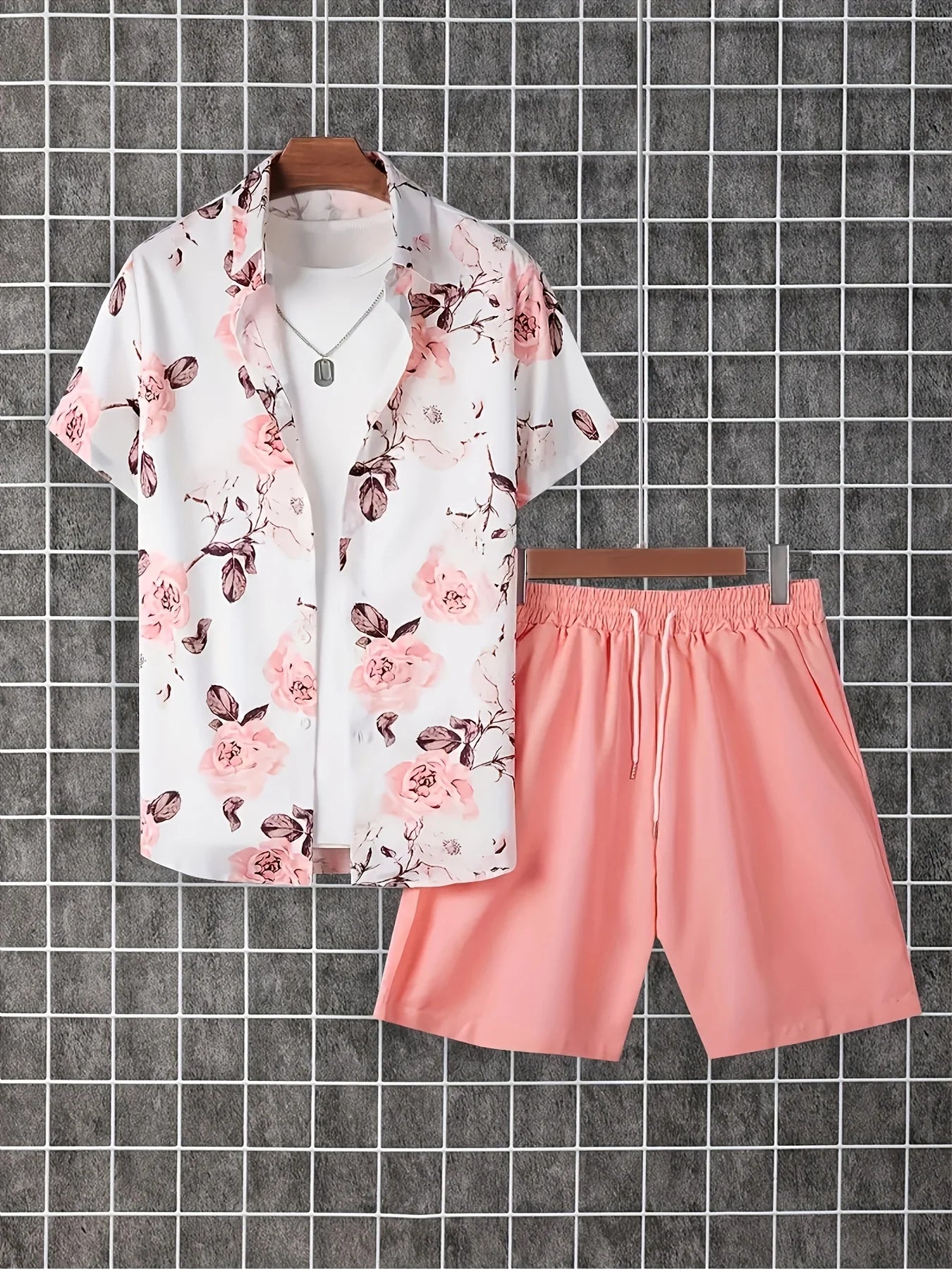 Conjunto De Camisa Con Estampado De Hojas De Palma Para Hombre, Conjunto De Camisa Y Pantalones Cortos De Manga Corta Informal Elegante, Conjunto De Dos Piezas Para Vacaciones a La Moda Para Hombre