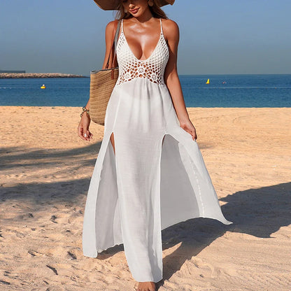 Traje De Baño Elegante De Verano, Cubierta De Bikini Para Tomar El Sol De Playa De Moda Sexy, Vestido De Lazo Transparente Sin Espalda Con Gancho De Mano