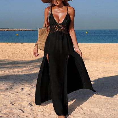 Traje De Baño Elegante De Verano, Cubierta De Bikini Para Tomar El Sol De Playa De Moda Sexy, Vestido De Lazo Transparente Sin Espalda Con Gancho De Mano