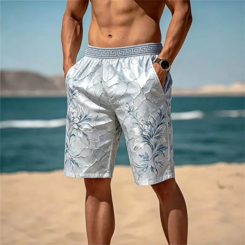 Men'S Retro Light Luxury Printed Beach Shorts, Breathable and Quick Drying, Suitable for Summer Travel and Beach Vacations