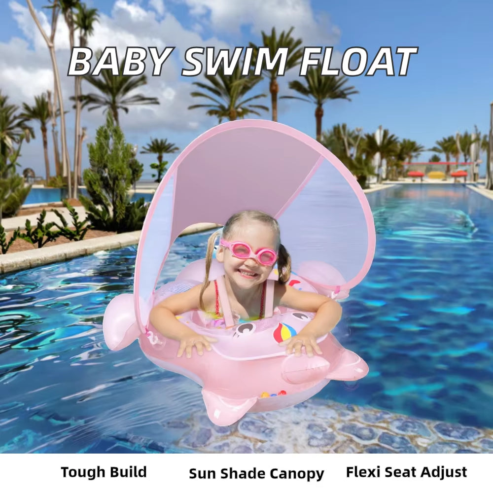Child Pool Float with Removable Sun Umbrella Canopy Durable PVC Infant Swimming Ring and Adjustable Seat
