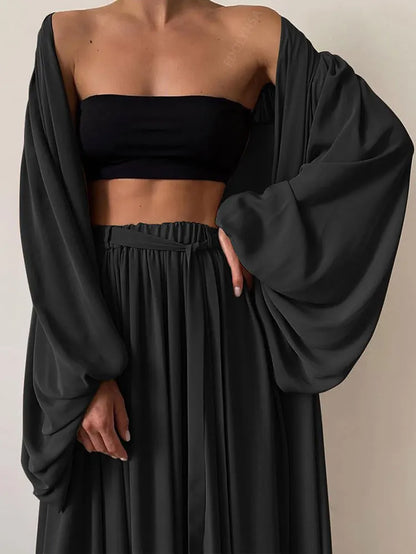 Conjunto Sexy De Tres Piezas De Color Sólido Para Mujer, Top De Tubo, Vestido De Playa, Top Corto, Pantalones, Cárdigan De Manga Larga, Conjunto De 3 Piezas A1642