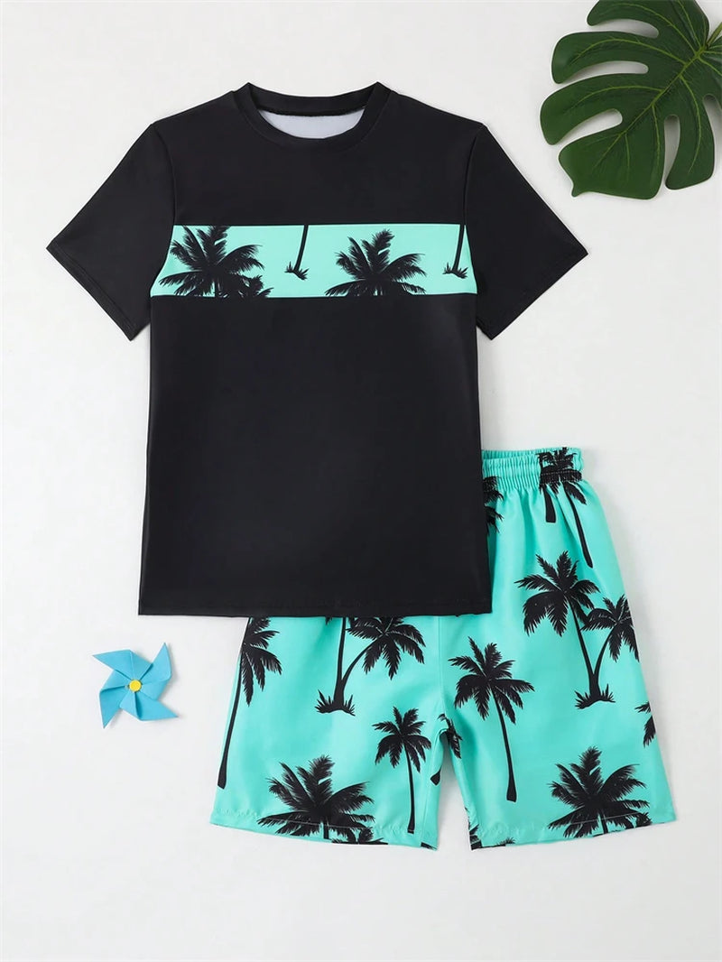 Boy Kids Swimsuit 2026 New Solid Coconut Tree Print Children Swimwear Summer Two Piece Beach Shorts Beach Bathing Suit Swimming