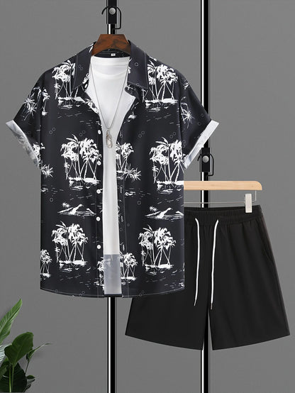 Conjunto De Camisa Con Estampado De Hojas De Palma Para Hombre, Conjunto De Camisa Y Pantalones Cortos De Manga Corta Informal Elegante, Conjunto De Dos Piezas Para Vacaciones a La Moda Para Hombre