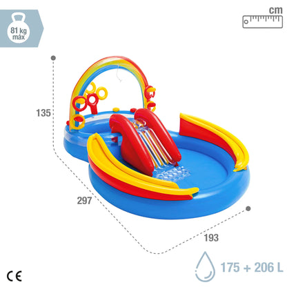 INTEX - Piscina Hinchable Infantil, Centro De Juegos Arco Iris Con Tobogán Base Acolchada Y Aspersor, Incluye 8 Bolas Y 4 Anillas Para Jugar, Niños +2 Años, Capacidad De 168-206L, Medidas 191X295X109Cm, Incluye Parche De Reparación