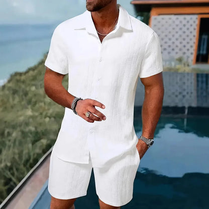 New Men'S Casual Suit Summer Daily Outdoor Travel Solid Color Jacquard Lapel Short-Sleeved Shirt + Drawstring Shorts 2-Piece Set