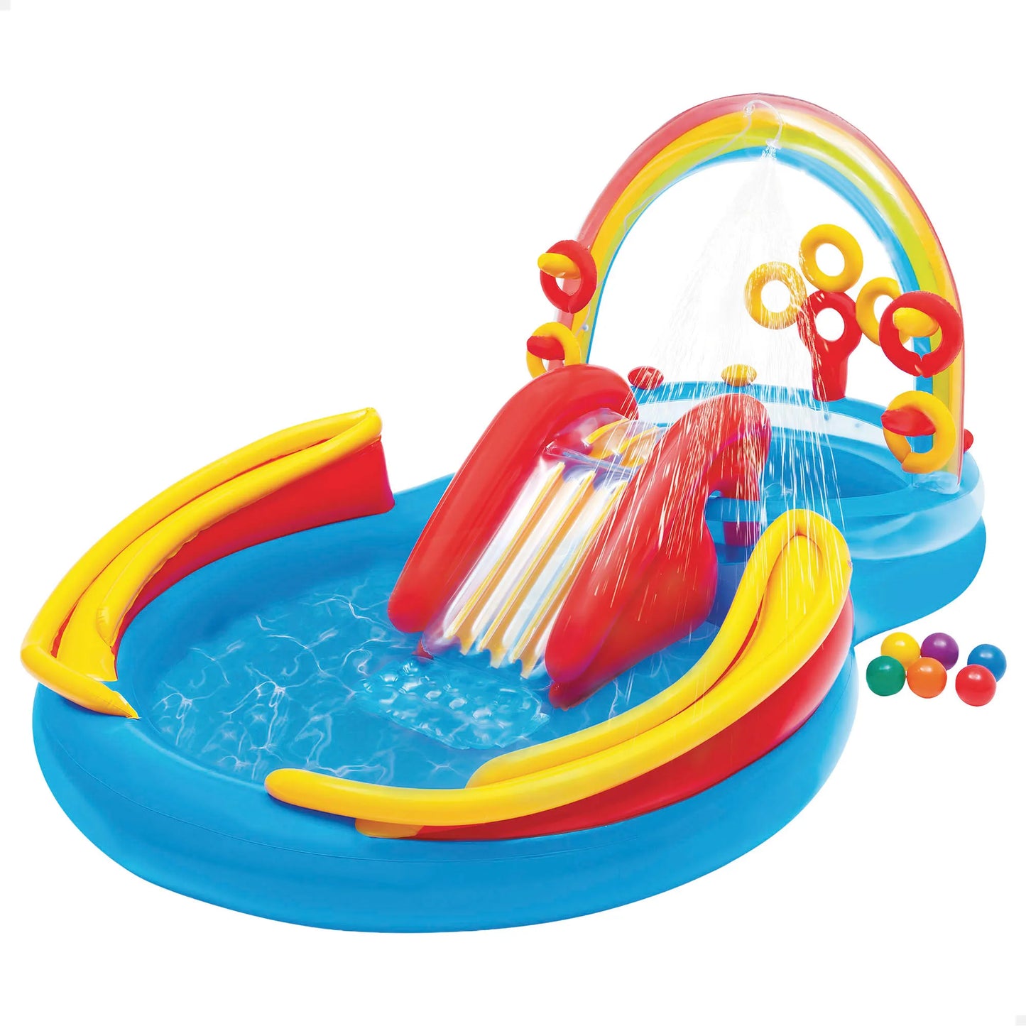 INTEX - Piscina Hinchable Infantil, Centro De Juegos Arco Iris Con Tobogán Base Acolchada Y Aspersor, Incluye 8 Bolas Y 4 Anillas Para Jugar, Niños +2 Años, Capacidad De 168-206L, Medidas 191X295X109Cm, Incluye Parche De Reparación