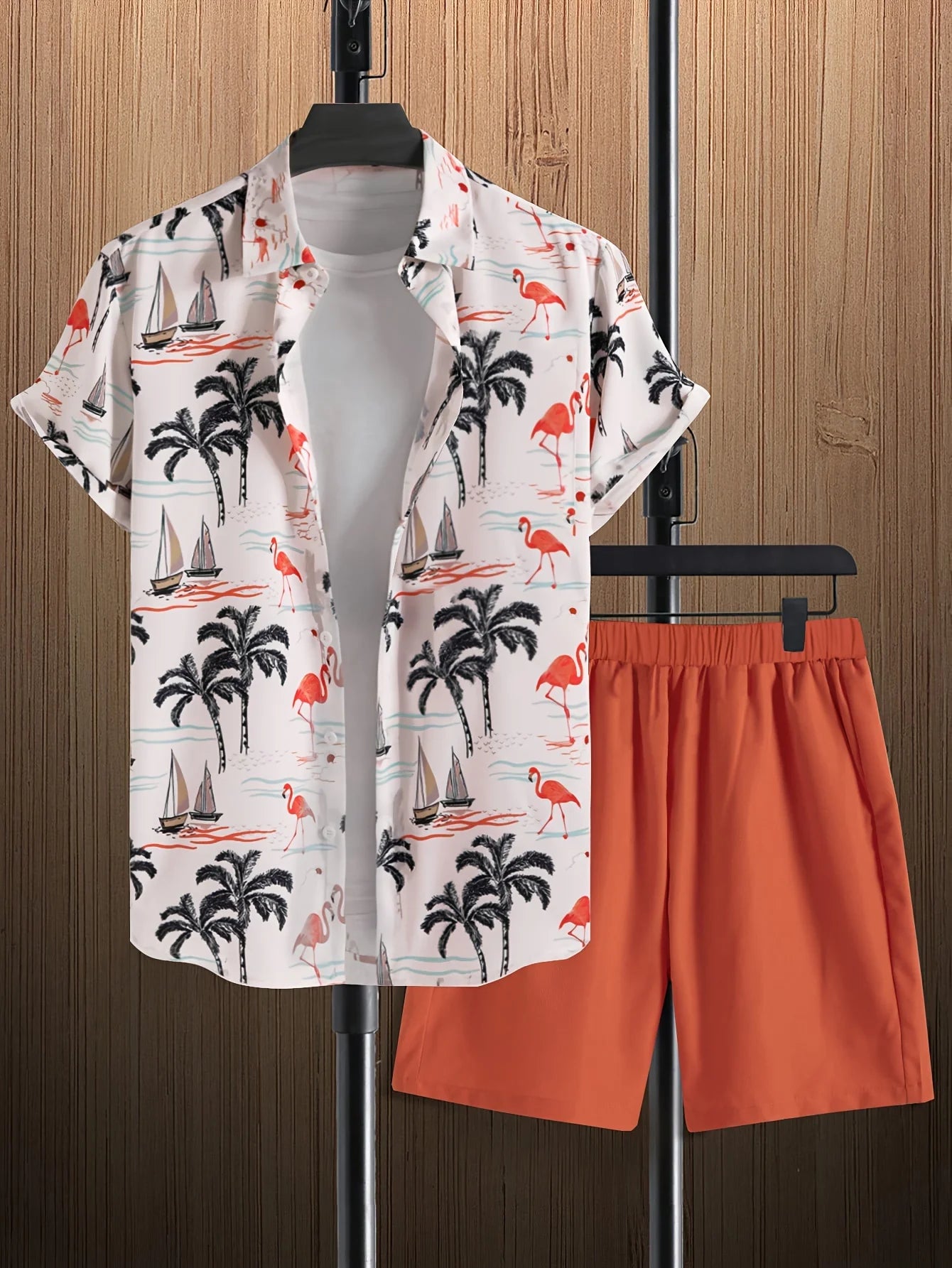 Conjunto De Camisa Con Estampado De Hojas De Palma Para Hombre, Conjunto De Camisa Y Pantalones Cortos De Manga Corta Informal Elegante, Conjunto De Dos Piezas Para Vacaciones a La Moda Para Hombre