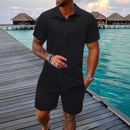 New Men'S Casual Suit Summer Daily Outdoor Travel Solid Color Jacquard Lapel Short-Sleeved Shirt + Drawstring Shorts 2-Piece Set
