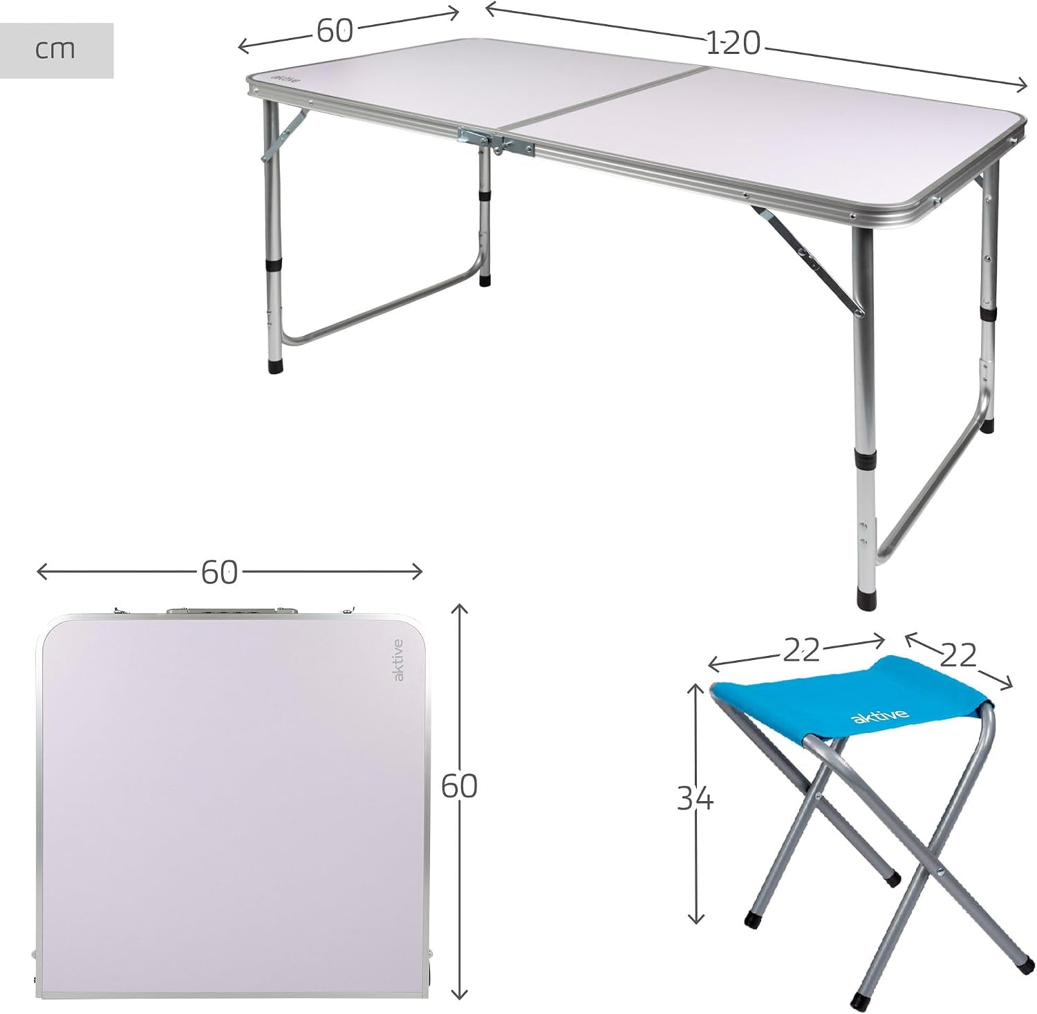 AKTIVE Mesa Plegable Portátil Camping Para 4 Personas, Altura Regulable, Incluye 4 Taburetes, Jardín, Con Sillas Dentro, Conjunto Mesas Y Sillas Plegable (52893)
