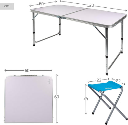 AKTIVE Mesa Plegable Portátil Camping Para 4 Personas, Altura Regulable, Incluye 4 Taburetes, Jardín, Con Sillas Dentro, Conjunto Mesas Y Sillas Plegable (52893)