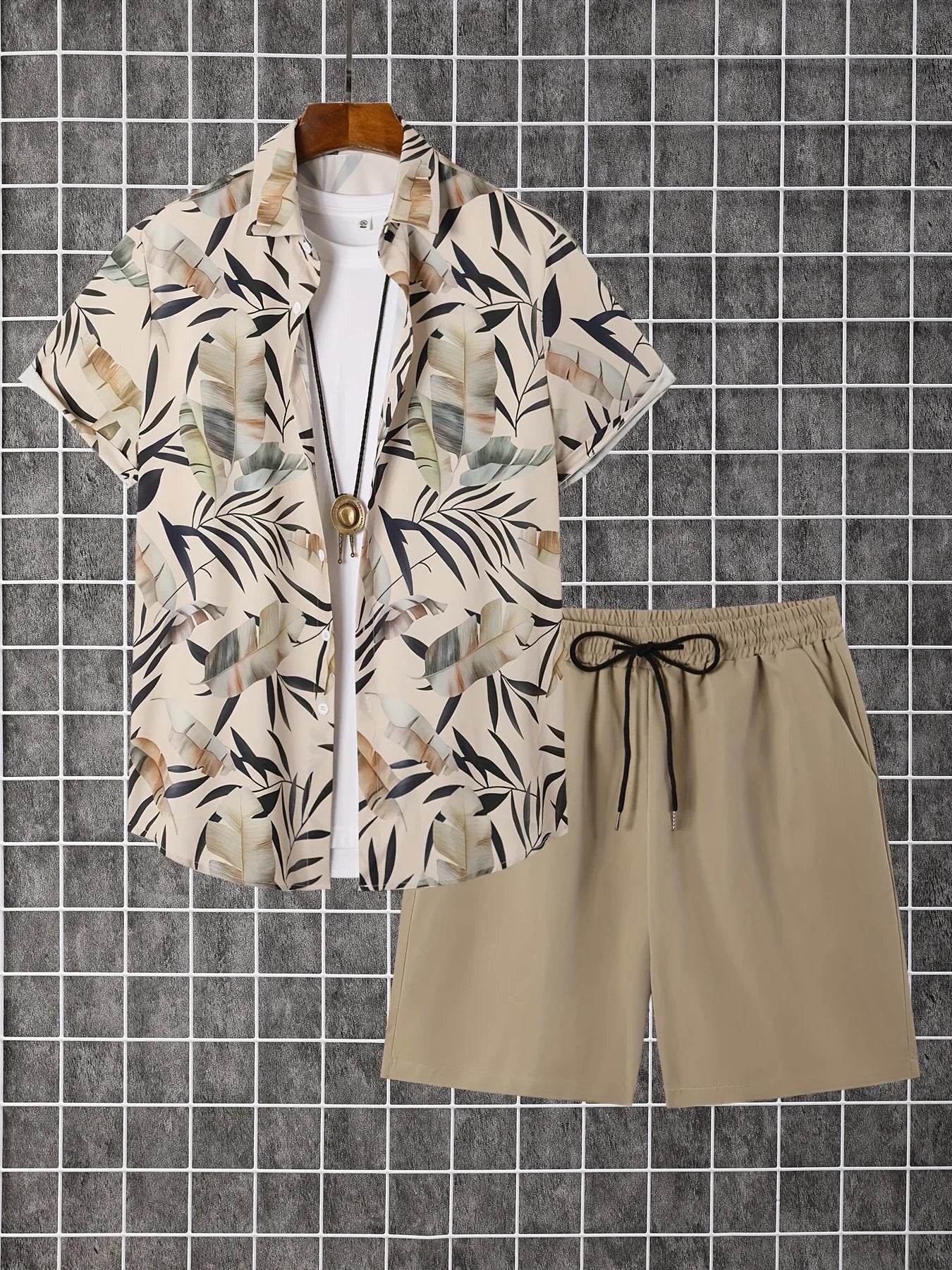 Conjunto De Camisa Con Estampado De Hojas De Palma Para Hombre, Conjunto De Camisa Y Pantalones Cortos De Manga Corta Informal Elegante, Conjunto De Dos Piezas Para Vacaciones a La Moda Para Hombre