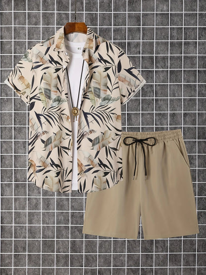 Conjunto De Camisa Con Estampado De Hojas De Palma Para Hombre, Conjunto De Camisa Y Pantalones Cortos De Manga Corta Informal Elegante, Conjunto De Dos Piezas Para Vacaciones a La Moda Para Hombre