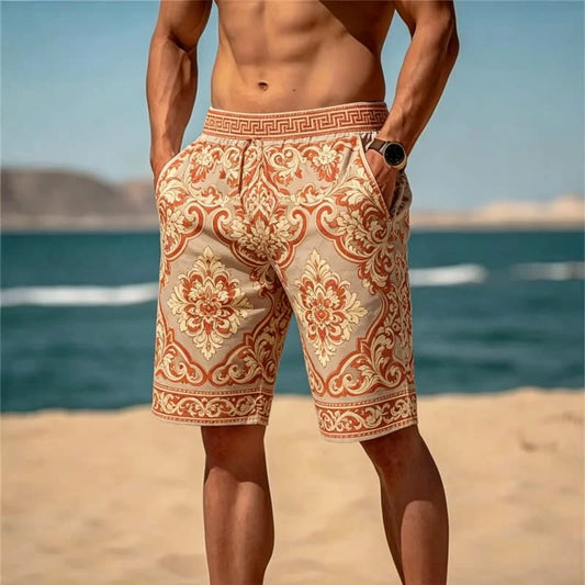 Men'S Retro Light Luxury Printed Beach Shorts, Breathable and Quick Drying, Suitable for Summer Travel and Beach Vacations