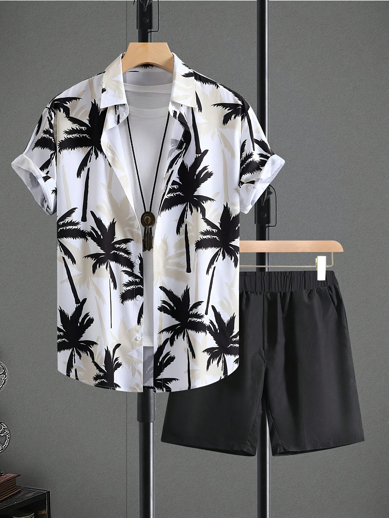 Conjunto De Camisa Con Estampado De Hojas De Palma Para Hombre, Conjunto De Camisa Y Pantalones Cortos De Manga Corta Informal Elegante, Conjunto De Dos Piezas Para Vacaciones a La Moda Para Hombre