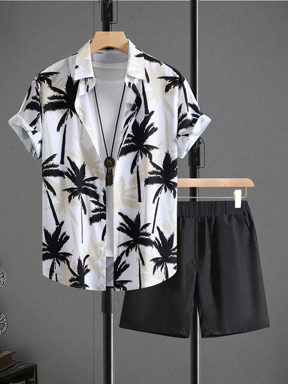 Conjunto De Camisa Con Estampado De Hojas De Palma Para Hombre, Conjunto De Camisa Y Pantalones Cortos De Manga Corta Informal Elegante, Conjunto De Dos Piezas Para Vacaciones a La Moda Para Hombre