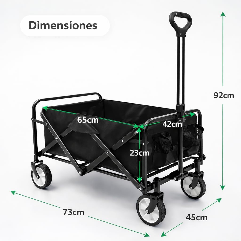 Carro De Mano Plegable Con Ruedas | Carrito Multiusos Ideal Playa, Compra, Jardín O Camping | Carga Hasta 60Kg | Asa Ajustable | Auxiliar | Transporte Todoterreno De Herramientas O Juguetes