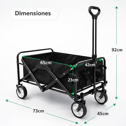 Carro De Mano Plegable Con Ruedas | Carrito Multiusos Ideal Playa, Compra, Jardín O Camping | Carga Hasta 60Kg | Asa Ajustable | Auxiliar | Transporte Todoterreno De Herramientas O Juguetes