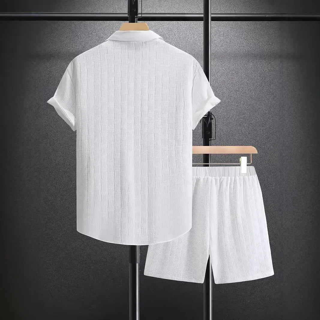 New Men'S Casual Suit Summer Daily Outdoor Travel Solid Color Jacquard Lapel Short-Sleeved Shirt + Drawstring Shorts 2-Piece Set