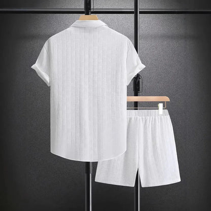 New Men'S Casual Suit Summer Daily Outdoor Travel Solid Color Jacquard Lapel Short-Sleeved Shirt + Drawstring Shorts 2-Piece Set