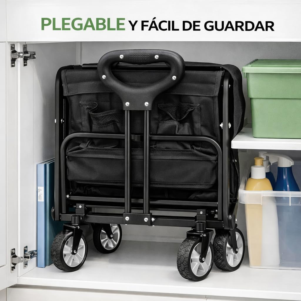Carro De Mano Plegable Con Ruedas | Carrito Multiusos Ideal Playa, Compra, Jardín O Camping | Carga Hasta 60Kg | Asa Ajustable | Auxiliar | Transporte Todoterreno De Herramientas O Juguetes