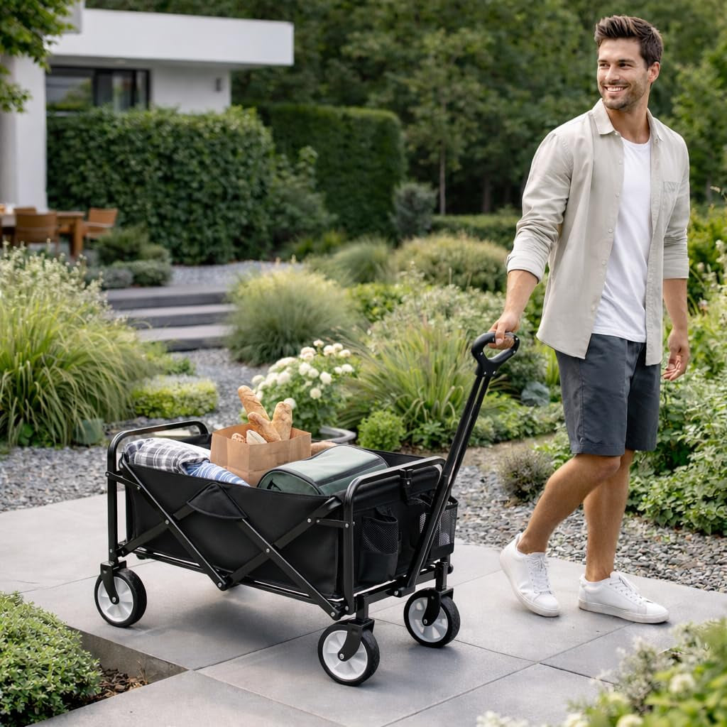 Carro De Mano Plegable Con Ruedas | Carrito Multiusos Ideal Playa, Compra, Jardín O Camping | Carga Hasta 60Kg | Asa Ajustable | Auxiliar | Transporte Todoterreno De Herramientas O Juguetes