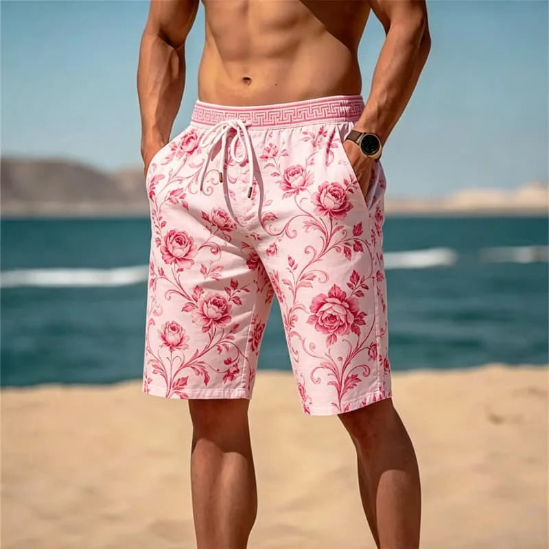 Men'S Retro Light Luxury Printed Beach Shorts, Breathable and Quick Drying, Suitable for Summer Travel and Beach Vacations