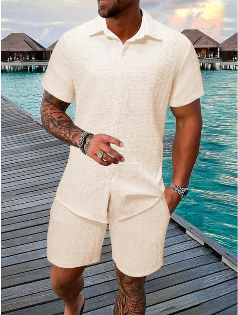 New Men'S Casual Suit Summer Daily Outdoor Travel Solid Color Jacquard Lapel Short-Sleeved Shirt + Drawstring Shorts 2-Piece Set