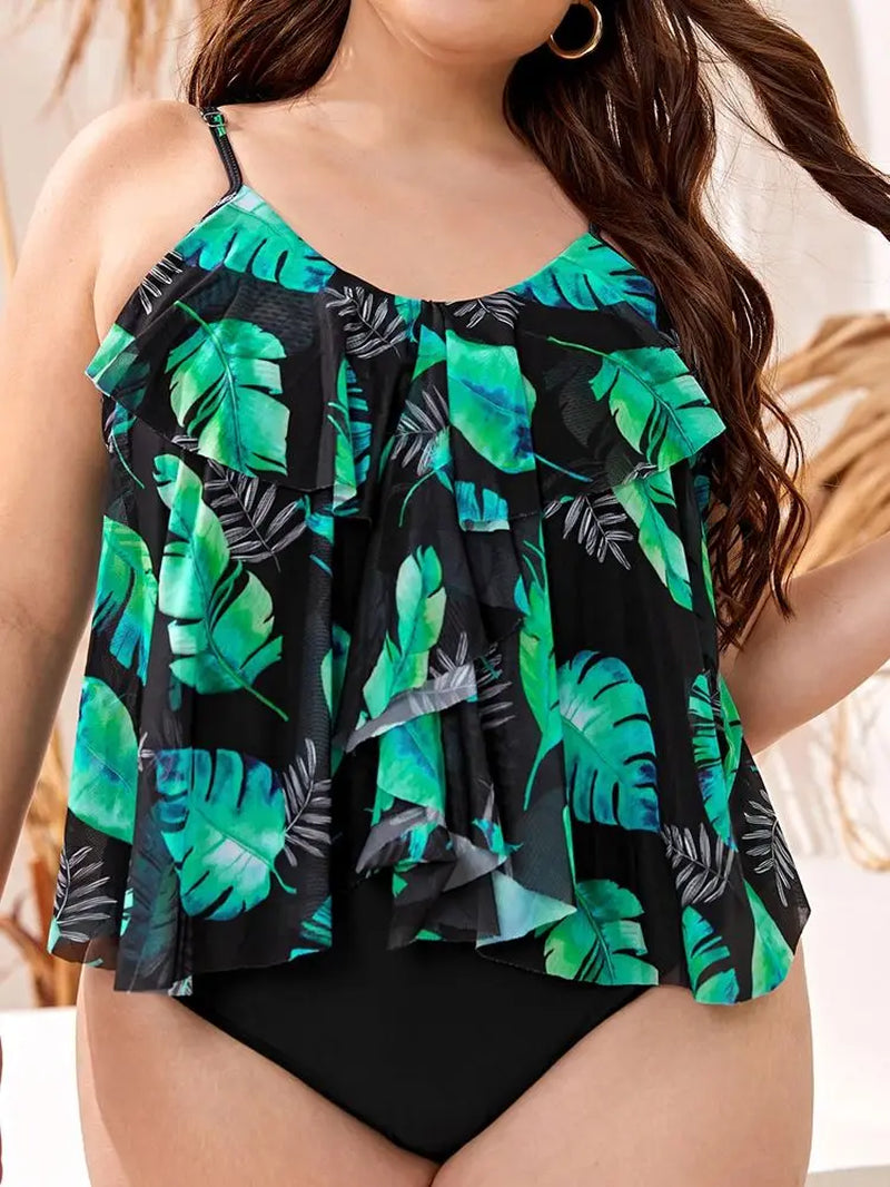 2026 Leaf Print plus Size Tankini Swimwear Women Large High Waist Swimsuit Laydies Backless Big Bathing Suit Beachwear
