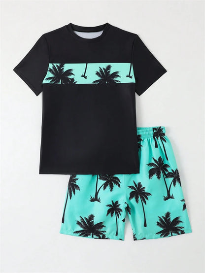 Boy Kids Swimsuit 2026 New Solid Coconut Tree Print Children Swimwear Summer Two Piece Beach Shorts Beach Bathing Suit Swimming