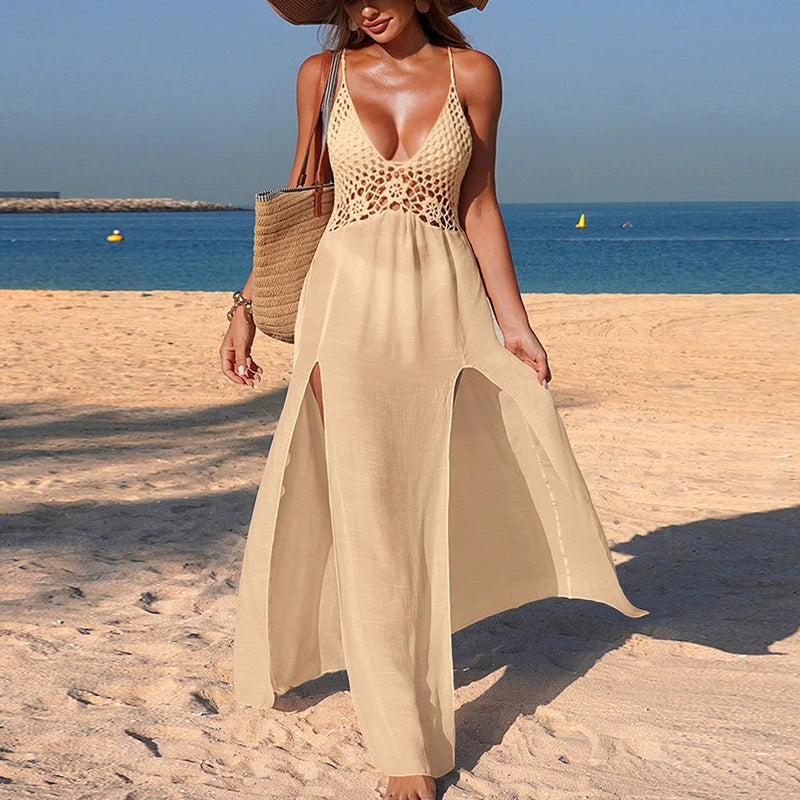 Traje De Baño Elegante De Verano, Cubierta De Bikini Para Tomar El Sol De Playa De Moda Sexy, Vestido De Lazo Transparente Sin Espalda Con Gancho De Mano