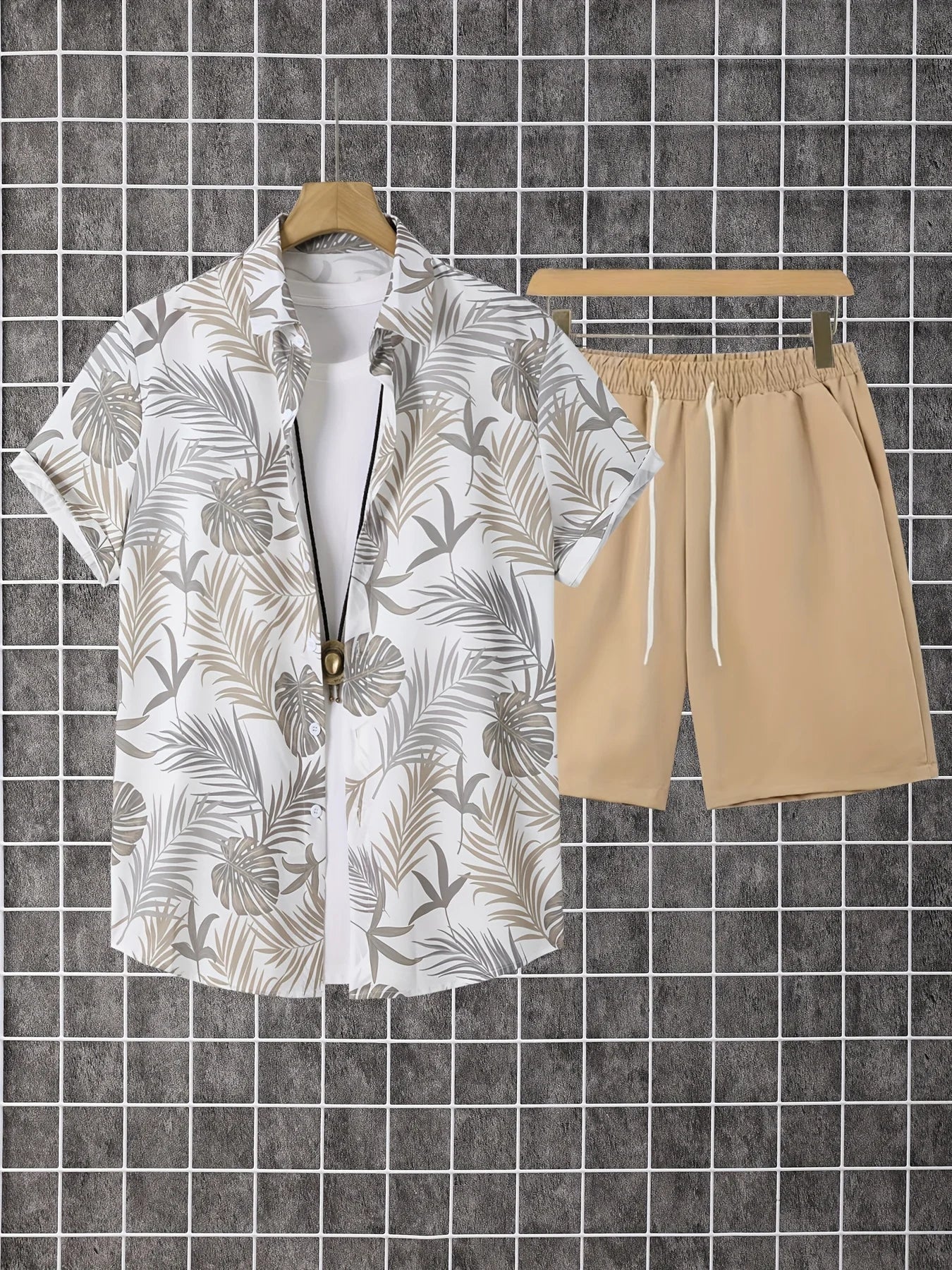 Conjunto De Camisa Con Estampado De Hojas De Palma Para Hombre, Conjunto De Camisa Y Pantalones Cortos De Manga Corta Informal Elegante, Conjunto De Dos Piezas Para Vacaciones a La Moda Para Hombre
