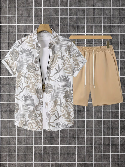 Conjunto De Camisa Con Estampado De Hojas De Palma Para Hombre, Conjunto De Camisa Y Pantalones Cortos De Manga Corta Informal Elegante, Conjunto De Dos Piezas Para Vacaciones a La Moda Para Hombre