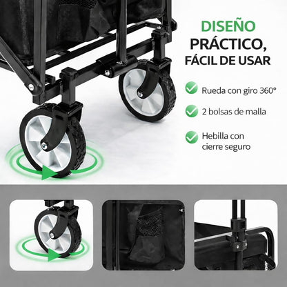 Carro De Mano Plegable Con Ruedas | Carrito Multiusos Ideal Playa, Compra, Jardín O Camping | Carga Hasta 60Kg | Asa Ajustable | Auxiliar | Transporte Todoterreno De Herramientas O Juguetes