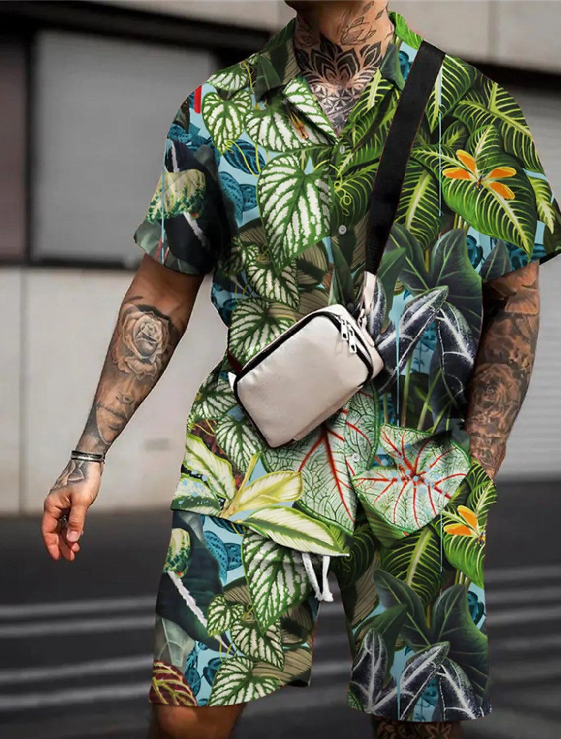 Men'S Floral Flamingo Tropical Two Piece Shirt Suit Hawaiian Shirt Short Sleeve Shorts Lapel Fashion Street Casual Print