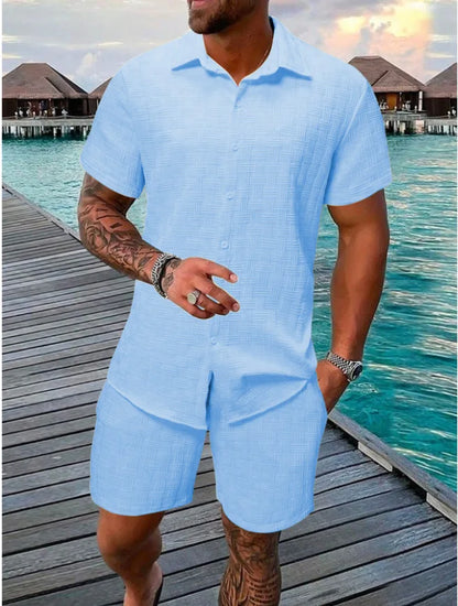 New Men'S Casual Suit Summer Daily Outdoor Travel Solid Color Jacquard Lapel Short-Sleeved Shirt + Drawstring Shorts 2-Piece Set