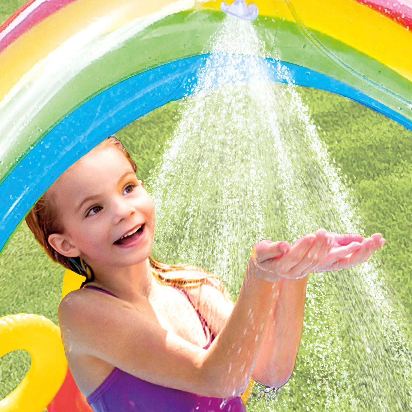 INTEX - Piscina Hinchable Infantil, Centro De Juegos Arco Iris Con Tobogán Base Acolchada Y Aspersor, Incluye 8 Bolas Y 4 Anillas Para Jugar, Niños +2 Años, Capacidad De 168-206L, Medidas 191X295X109Cm, Incluye Parche De Reparación