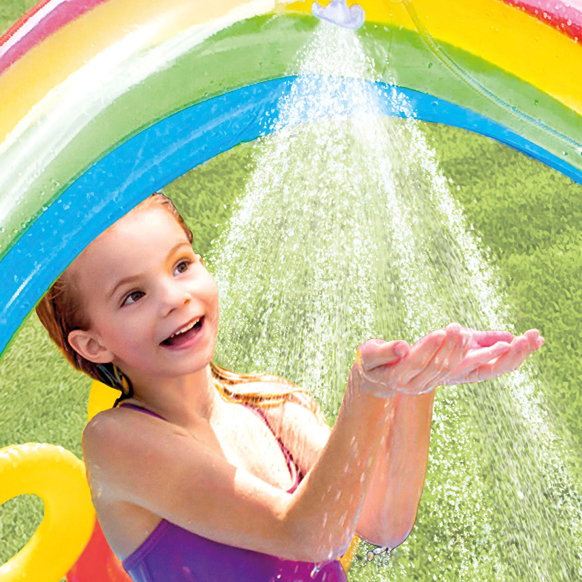 INTEX - Piscina Hinchable Infantil, Centro De Juegos Arco Iris Con Tobogán Base Acolchada Y Aspersor, Incluye 8 Bolas Y 4 Anillas Para Jugar, Niños +2 Años, Capacidad De 168-206L, Medidas 191X295X109Cm, Incluye Parche De Reparación