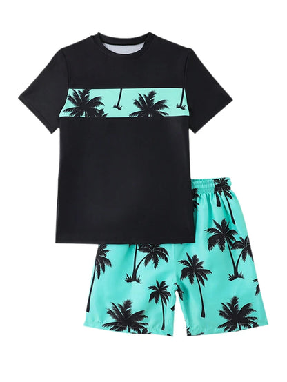 Boy Kids Swimsuit 2026 New Solid Coconut Tree Print Children Swimwear Summer Two Piece Beach Shorts Beach Bathing Suit Swimming