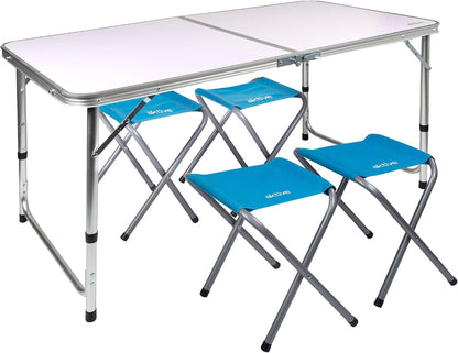 AKTIVE Mesa Plegable Portátil Camping Para 4 Personas, Altura Regulable, Incluye 4 Taburetes, Jardín, Con Sillas Dentro, Conjunto Mesas Y Sillas Plegable (52893)