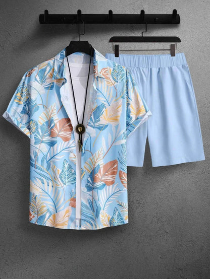 Conjunto De Camisa Con Estampado De Hojas De Palma Para Hombre, Conjunto De Camisa Y Pantalones Cortos De Manga Corta Informal Elegante, Conjunto De Dos Piezas Para Vacaciones a La Moda Para Hombre