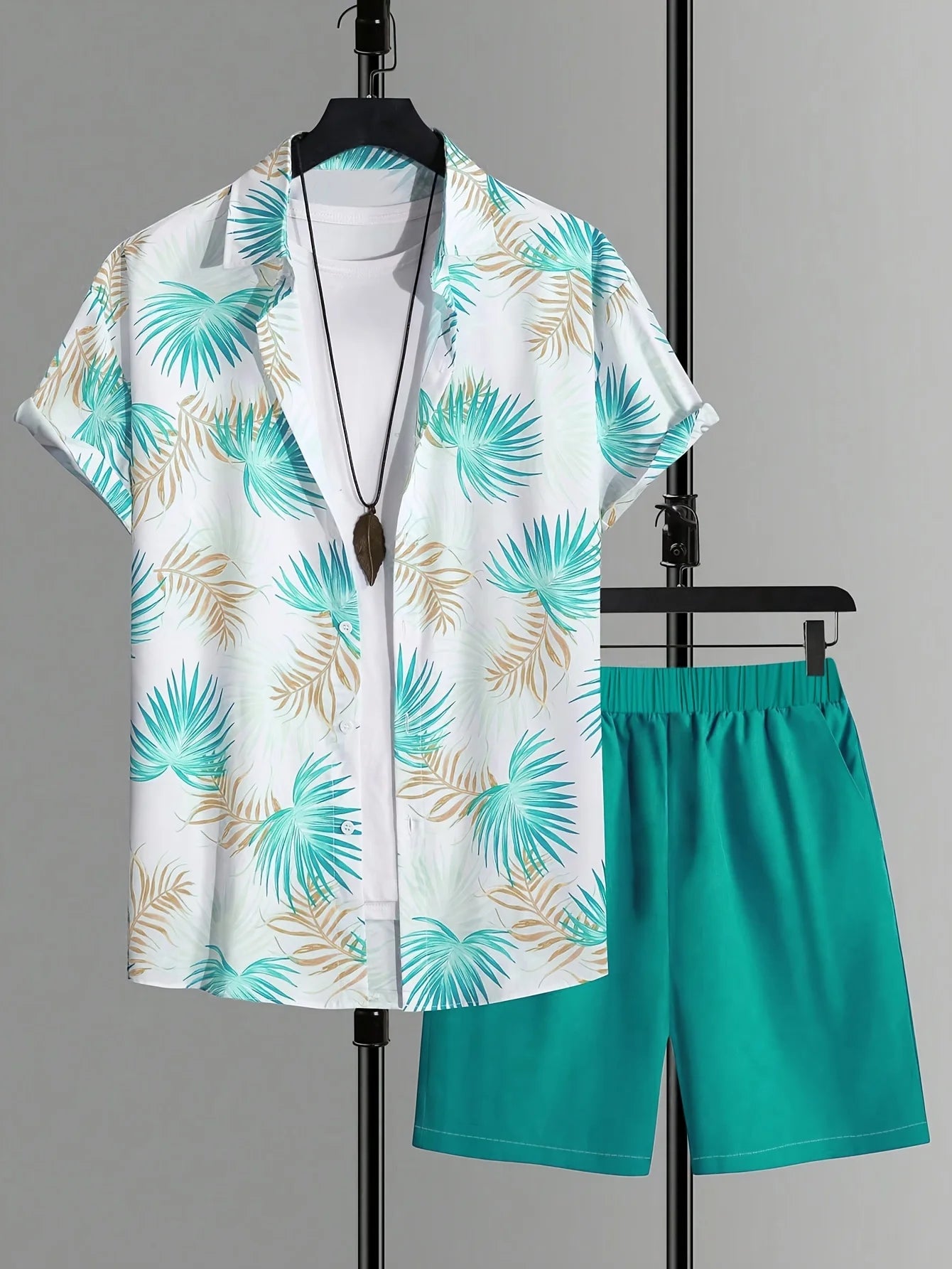 Conjunto De Camisa Con Estampado De Hojas De Palma Para Hombre, Conjunto De Camisa Y Pantalones Cortos De Manga Corta Informal Elegante, Conjunto De Dos Piezas Para Vacaciones a La Moda Para Hombre