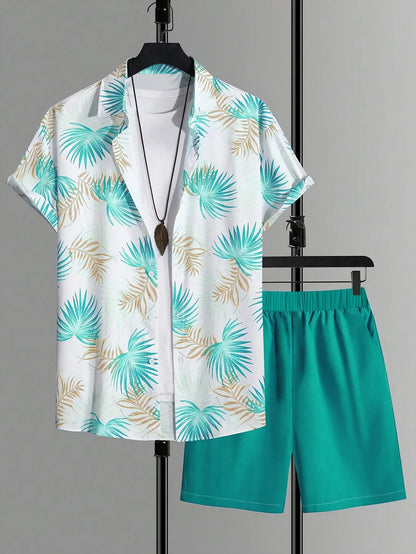 Conjunto De Camisa Con Estampado De Hojas De Palma Para Hombre, Conjunto De Camisa Y Pantalones Cortos De Manga Corta Informal Elegante, Conjunto De Dos Piezas Para Vacaciones a La Moda Para Hombre