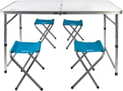 AKTIVE Mesa Plegable Portátil Camping Para 4 Personas, Altura Regulable, Incluye 4 Taburetes, Jardín, Con Sillas Dentro, Conjunto Mesas Y Sillas Plegable (52893)