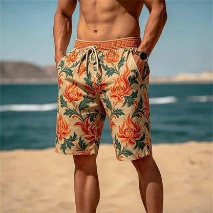 Men'S Retro Light Luxury Printed Beach Shorts, Breathable and Quick Drying, Suitable for Summer Travel and Beach Vacations