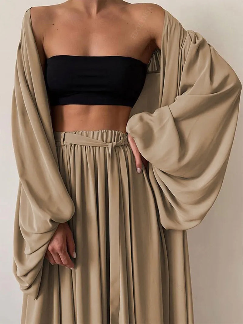 Conjunto Sexy De Tres Piezas De Color Sólido Para Mujer, Top De Tubo, Vestido De Playa, Top Corto, Pantalones, Cárdigan De Manga Larga, Conjunto De 3 Piezas A1642