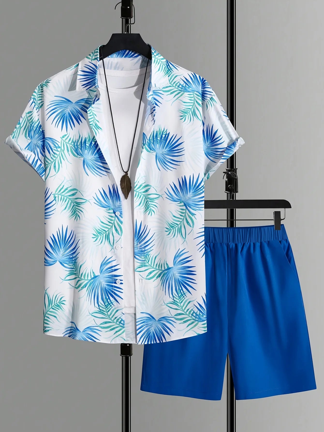 Conjunto De Camisa Con Estampado De Hojas De Palma Para Hombre, Conjunto De Camisa Y Pantalones Cortos De Manga Corta Informal Elegante, Conjunto De Dos Piezas Para Vacaciones a La Moda Para Hombre