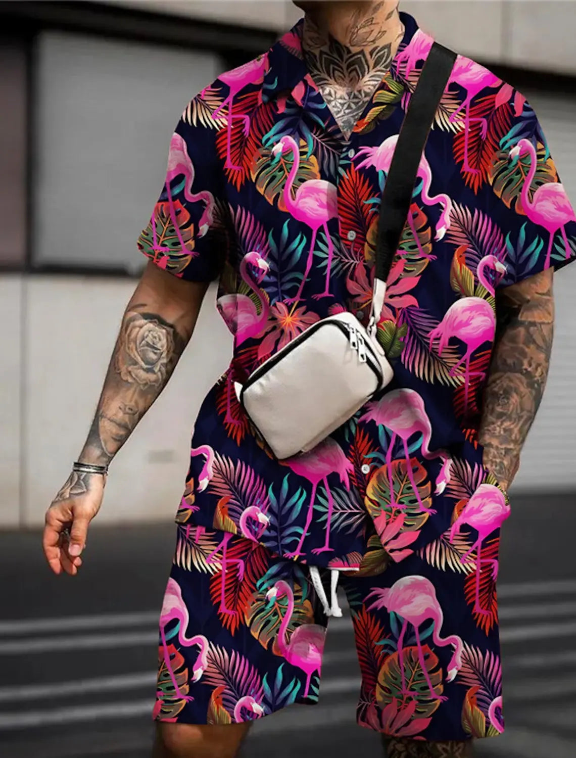 Men'S Floral Flamingo Tropical Two Piece Shirt Suit Hawaiian Shirt Short Sleeve Shorts Lapel Fashion Street Casual Print