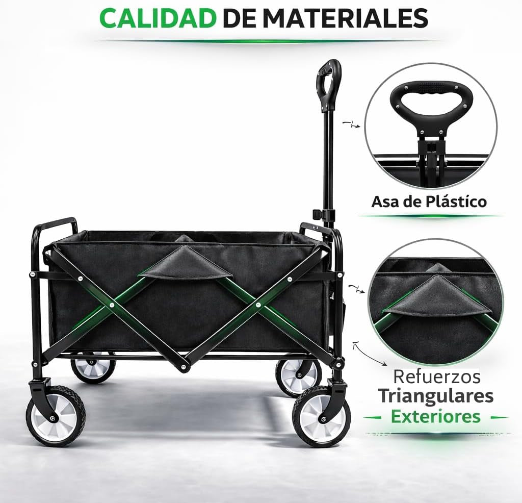 Carro De Mano Plegable Con Ruedas | Carrito Multiusos Ideal Playa, Compra, Jardín O Camping | Carga Hasta 60Kg | Asa Ajustable | Auxiliar | Transporte Todoterreno De Herramientas O Juguetes